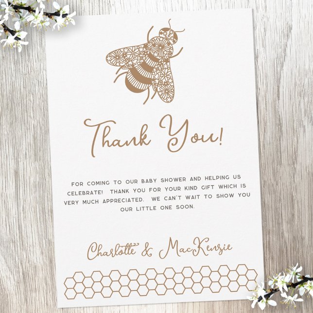 Carte de remerciements de Baby shower d'abeilles m (Bee themed baby shower thank you card with custom text )
