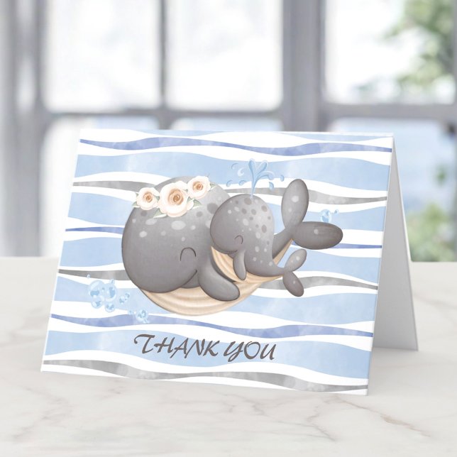 Carte de remerciements de Baby shower de baleines  (Boy Nautical Whale Baby Shower Thank You Card)