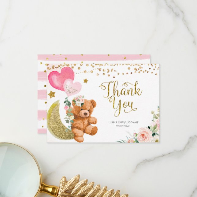 Carte de remerciements de Baby shower de ballon ro (Devant/Arrière en situation)