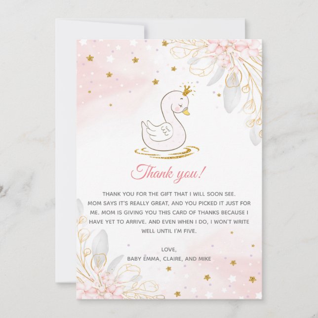 Carte de remerciements de Baby shower de cygne dor (Devant)