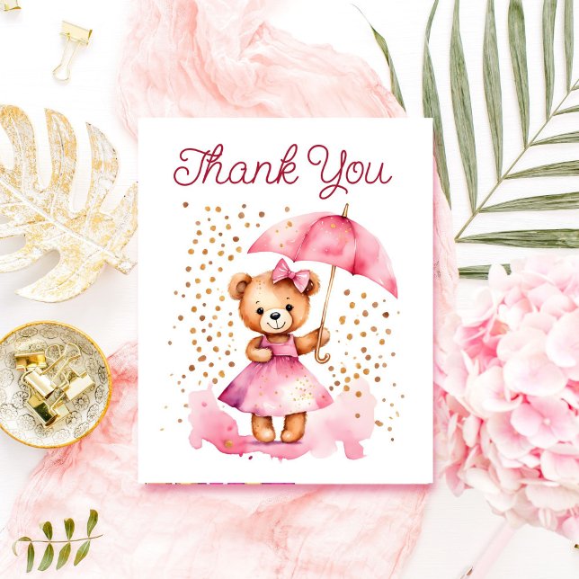 Carte de remerciements de baby shower de fille our (Girl teddy bear baby shower thank you card cute teddy bear with a pink dress umbrella gold sprinkles)