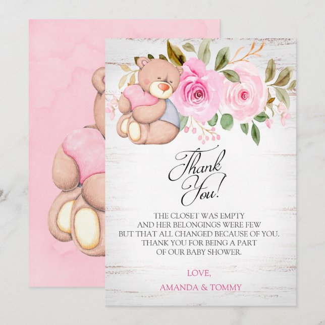 Carte de remerciements de Baby shower de l'ours en (Devant / Derrière)