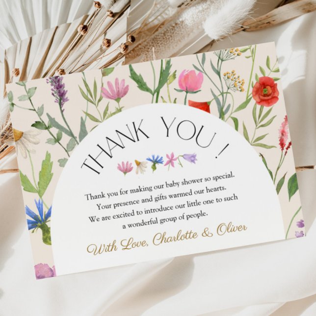 Carte de remerciements de Baby shower fleur sauvag (Wildflower Beige Floral Baby Shower Thank You Card)