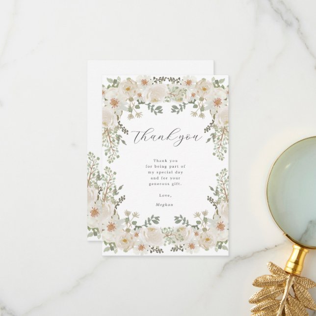 Carte de remerciements de Baby shower floral ivoir (Devant/Arrière en situation)