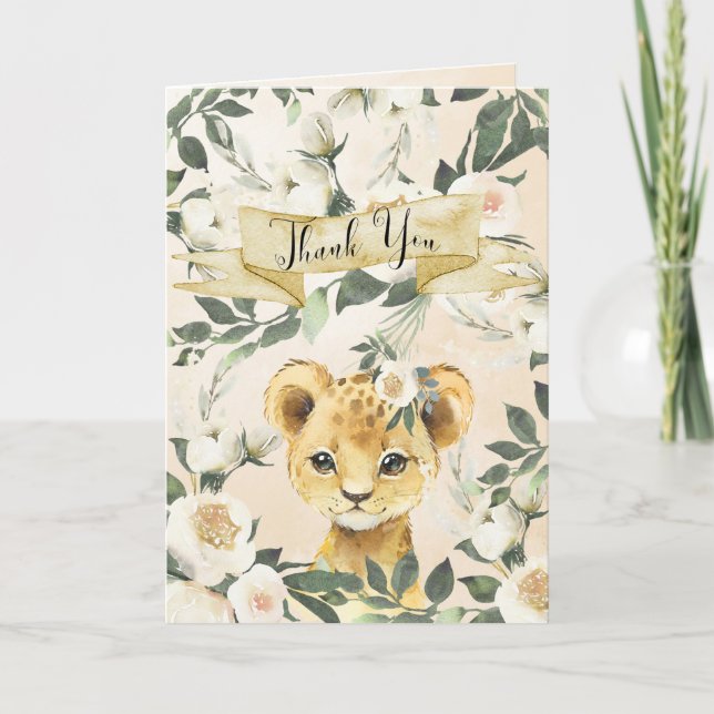 carte de remerciements de baby shower floral lionn (Devant)