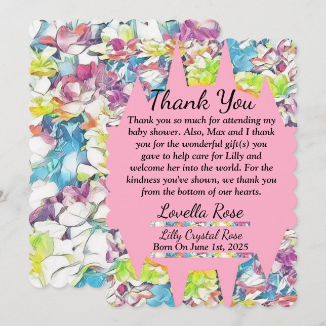 Carte de remerciements de Baby shower floral rose (Devant / Derrière)