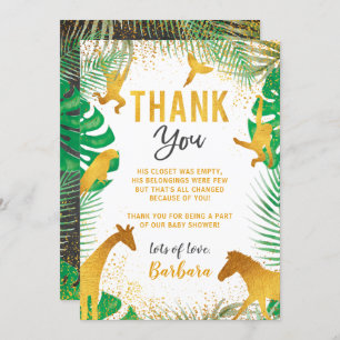 Carte de remerciements de Baby shower Gold Jungle 