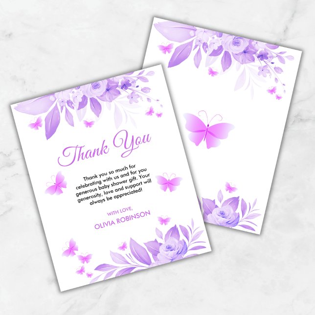 Carte de remerciements de Baby shower papillon vio (Budget Purple Butterfly Baby Shower Thank You Card )