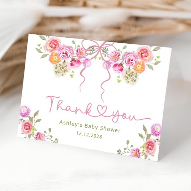 Carte de remerciements de Baby shower rose Bow flo (Créateur téléchargé)