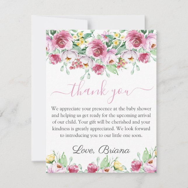 Carte de remerciements de Baby shower rose floral  (Devant)