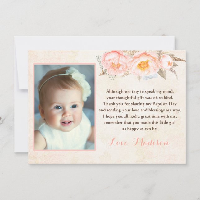 Carte de remerciements de baptême de pivoines de (Devant)