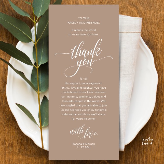 Carte de remerciements De Cadre De La Réception De (Modern Script Wedding Guest Dinner Reception Brunch Lunch Thank You Card in Warm Chic Taupe Brown)