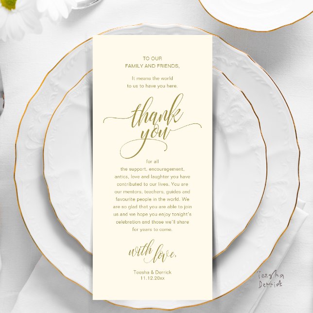 Carte de remerciements De Cadre De La Réception De (Modern Script Wedding Guest Dinner Reception Brunch Lunch Thank You Card in Yellow Gold)