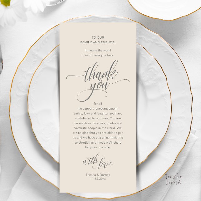 Carte de remerciements De Cadre De La Réception De (Modern Script Wedding Guest Dinner Reception Brunch Lunch Thank You Card in Classy Warm Cream Grey)