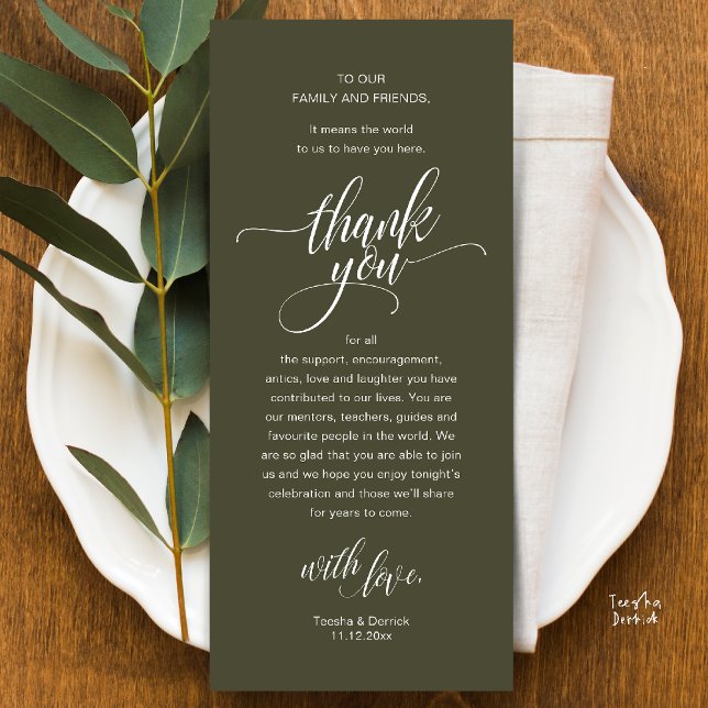 Carte de remerciements De Cadre De La Réception De (Modern Script Wedding Guest Dinner Reception Brunch Lunch Thank You Card in Olive Green)