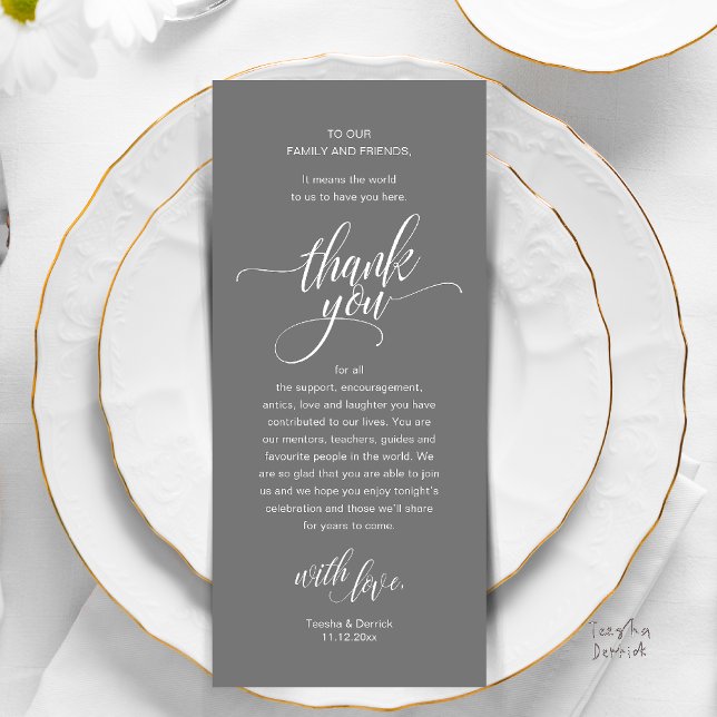 Carte de remerciements De Cadre De La Réception De (Modern Script Wedding Guest Dinner Reception Brunch Lunch Thank You Card in Classy Warm Dark Grey)