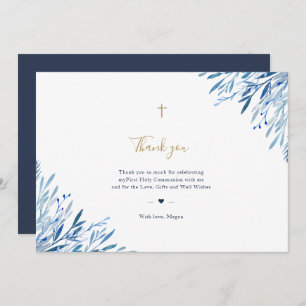 Carte de remerciements de communion feuille bleue