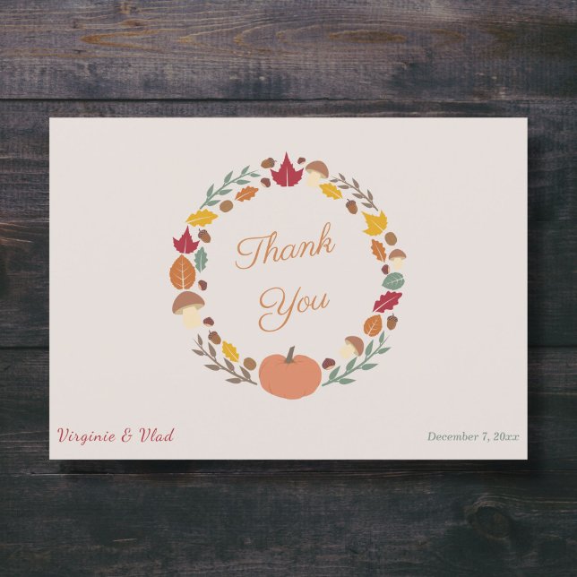 Carte de remerciements de couronne et de Mariage d (Fall Wedding Thank You Card - Front)