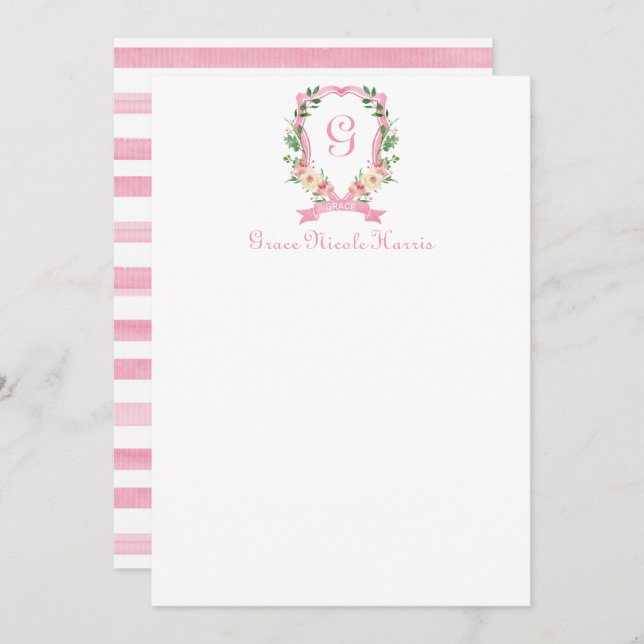 Carte de remerciements de crête rose fleurie monog (Devant / Derrière)