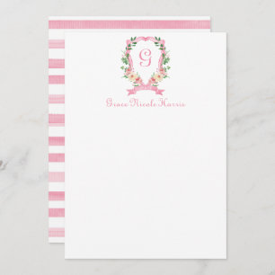 Carte de remerciements de crête rose fleurie monog