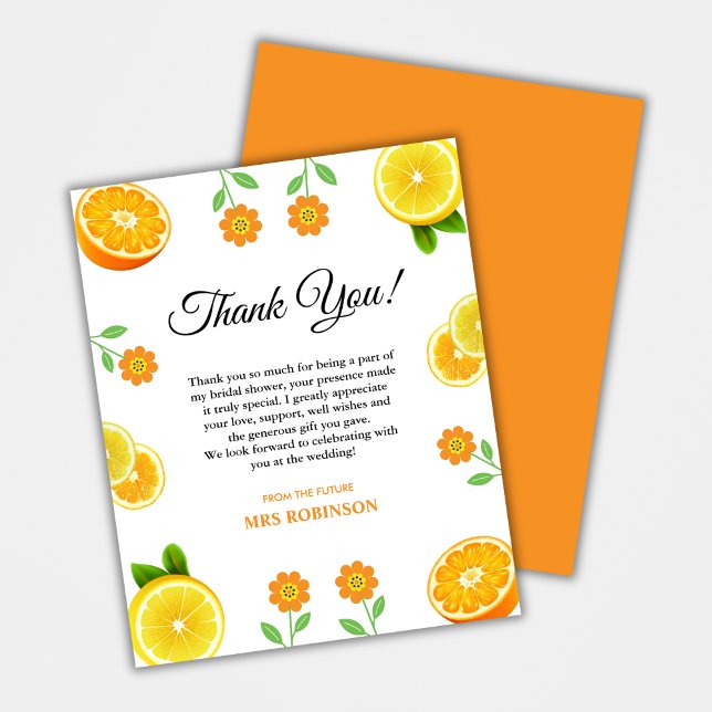 Carte de remerciements de Fête des mariées de l'ag (Main Squeeze Citrus Bridal Shower Thank You Card )