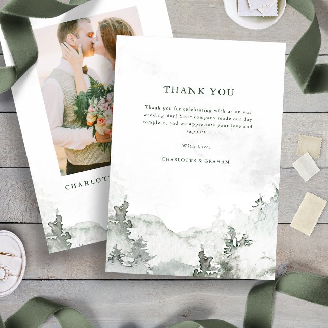 Carte de remerciements de forêt aquarelle (Green and White Simple Minimalist Watercolor Forest Thank You Card
)