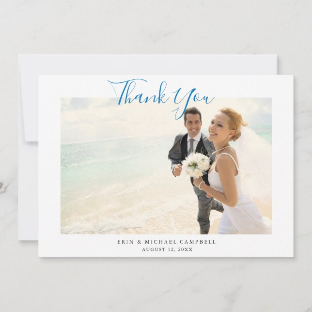 Carte de remerciements de mariage Blue Script Phot (Devant)