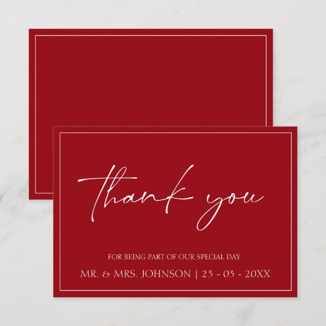 Carte de remerciements de Mariage de script rouge  (Devant / Derrière)