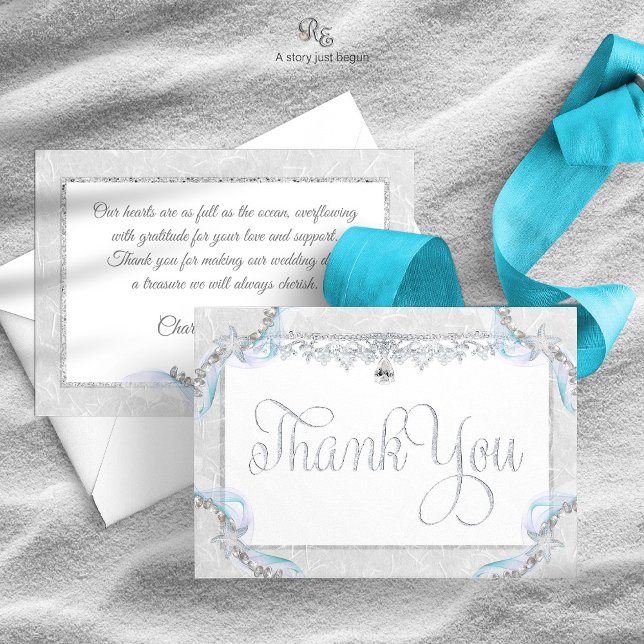 Carte de remerciements de mariage de Starfish Beac (Starfish Beach Thank You Card with silver glitter look and starfish accents, front and back view.)