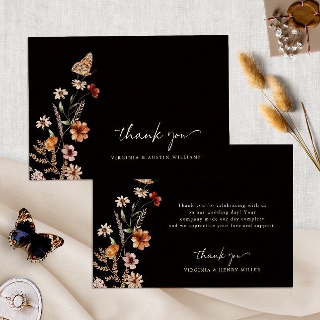 Carte de remerciements de Mariage floral Boho noir (Black Boho Floral Wedding Thank You Card with Butterfly by Painted Paperie
)