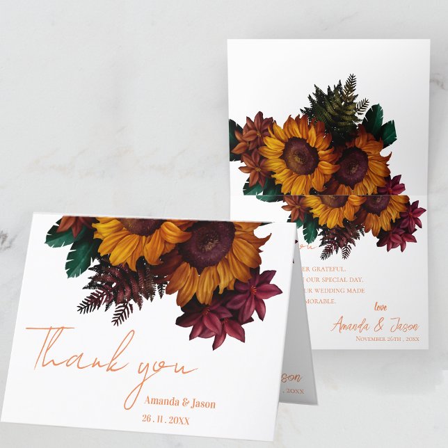 Carte de remerciements de Mariage Floral Orange Ru (Burnt Orange Rustic Floral Wedding Thank You Card)