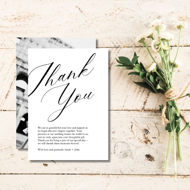 Carte de remerciements de Mariage photo minimalist (Minimalist Script Photo Wedding Thank You Card)