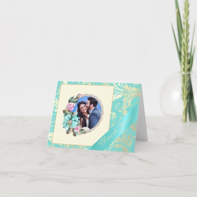Carte de remerciements de Mariage photo turquoise  (Devant)