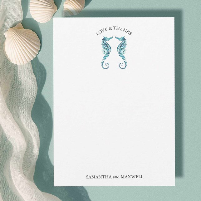 Carte de remerciements de mariage plage Seahorses (Beach wedding looks watercolor seahorses art by Victoria Grigaliunas of Do tell A Belle)