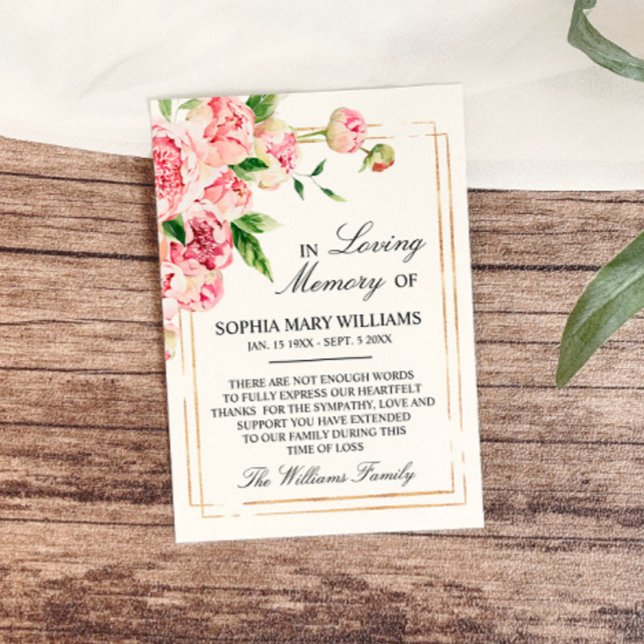 Carte de remerciements de mémoire rose florale et  (Créateur téléchargé)