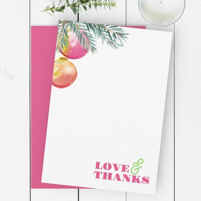 Carte de remerciements de Noël rose et vert clair (Christmas thank you cards unique watercolor pink baubles with pine boughs)