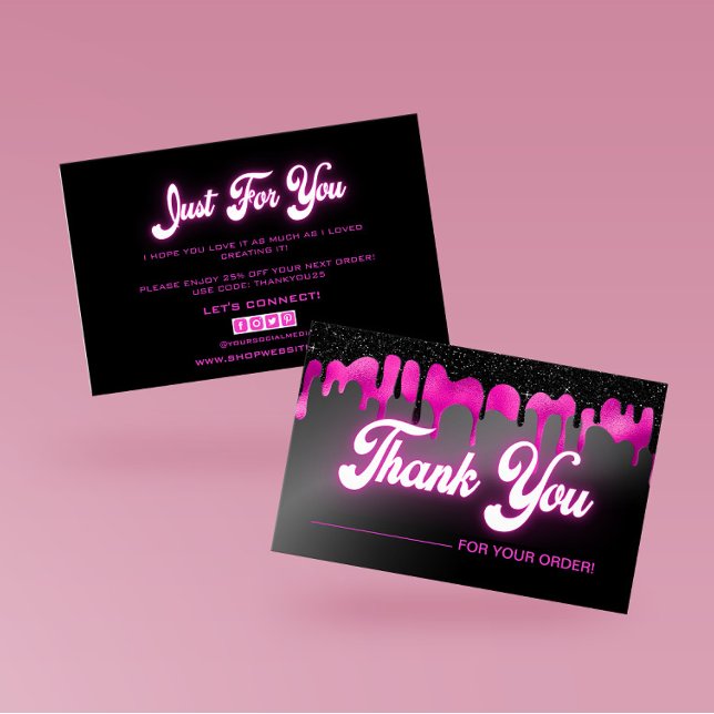 Carte de remerciements de parties scintillant Neon (Gorgeous Black and Pink Dripping Liquid Thank You Cards For Your Beauty Business! )