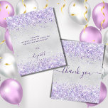Carte de remerciements de parties scintillant viol<br><div class="desc">Un carte de remerciements d'anniversaire féminin et élégant. Une fausse couleur arrière - plan à l'aspect argent. Avec de la poussière de parties scintillant violette et violette. Sur l'avant grand main écriture et le texte : Merci. Retour : Personnalisez et ajoutez Votre note de remerciement et votre nom. Le nom...</div>