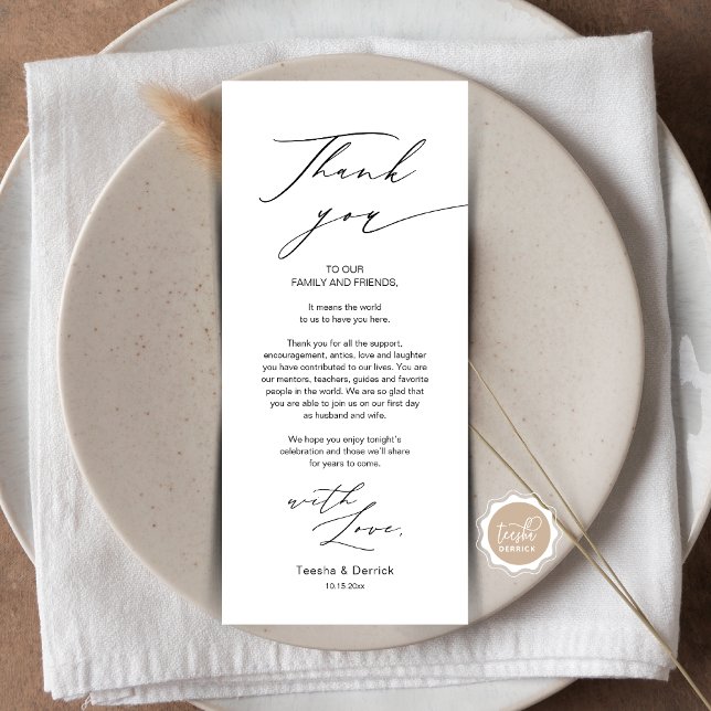 Carte de remerciements de réglage de la place Mari (Wedding Dinner Place Setting Thank You Card, in Modern Gentle Script, Black themed, Plate Decor)