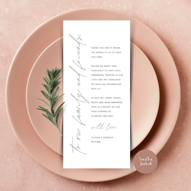 Carte de remerciements de réglage minimaliste du M (Minimalist Wedding Place Setting Thank You Dinner Card, in Dark Grey)