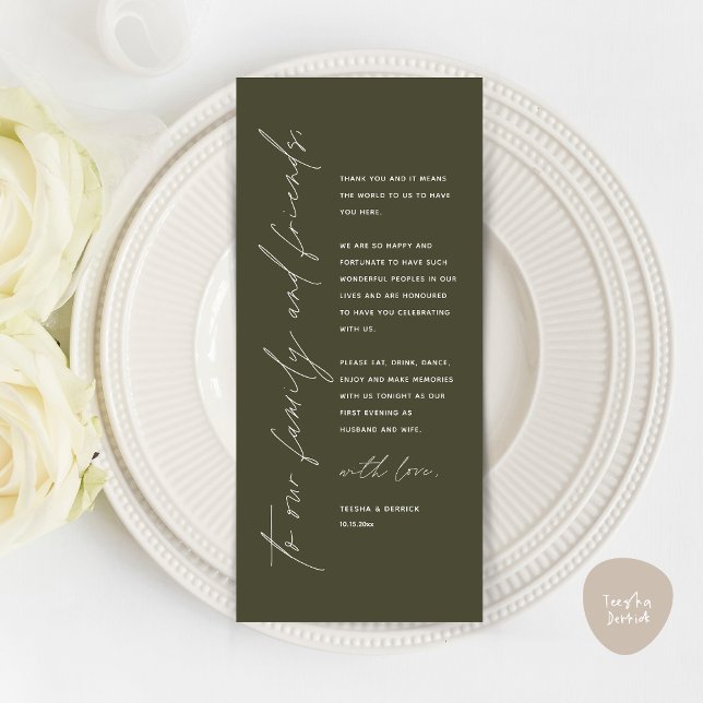 Carte de remerciements de réglage minimaliste du M (Minimalist Wedding Place Setting Thank You Dinner Card, in Olive Green)