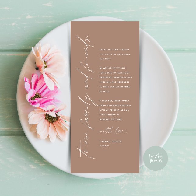 Carte de remerciements de réglage minimaliste du M (Minimalist Wedding Place Setting Thank You Dinner Card, in Taupe)