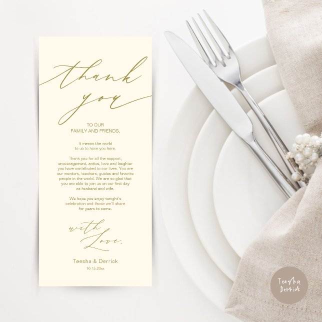 Carte de remerciements de réglage minimaliste du M (Wedding Dinner Place Setting Thank You Card, Modern Minimalist Design, in retro gold)