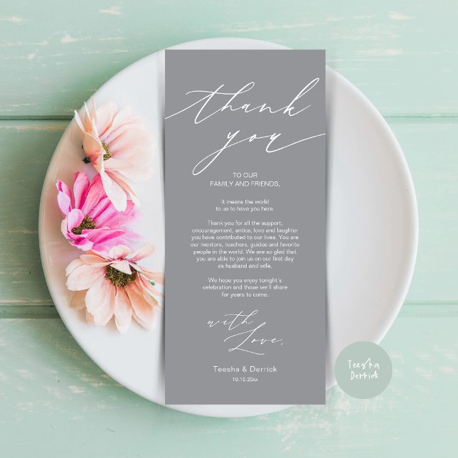 Carte de remerciements de réglage minimaliste du M (Wedding Dinner Place Setting Thank You Card, Modern Minimalist Design, in Dark Grey)