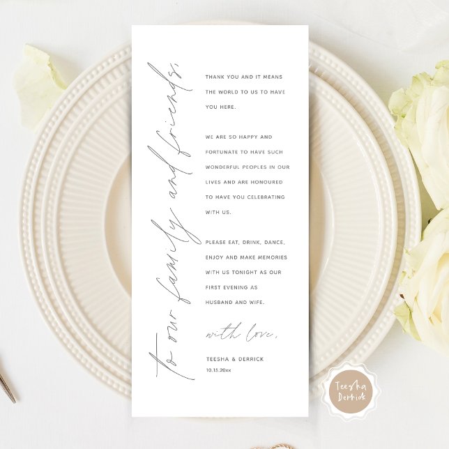 Carte de remerciements de réglage minimaliste du M (Modern Minimalist Wedding Place Setting Thank You Card for Your Wedding Dinner Party, Dark Grey.)