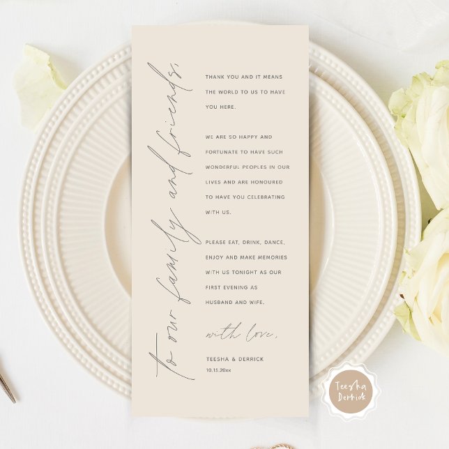 Carte de remerciements de réglage minimaliste du M (Modern Minimalist Wedding Place Setting Thank You Card for Your Wedding Dinner Party, Grey Cream.)