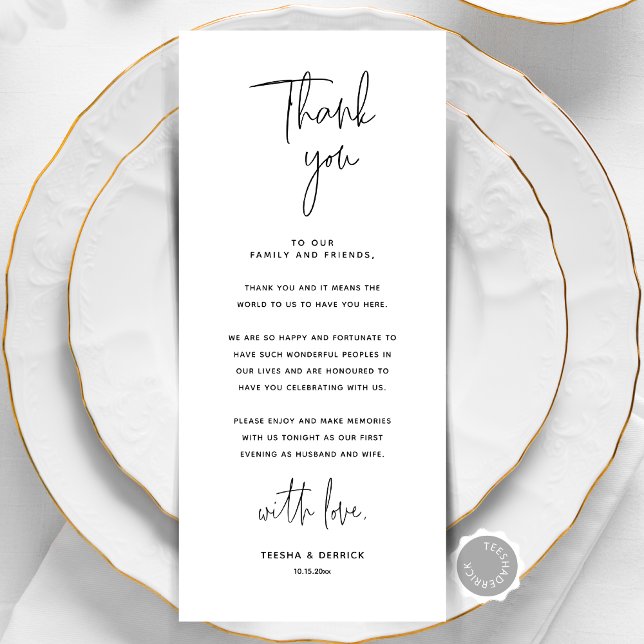 Carte de remerciements de réglage minimaliste du M (Modern Minimalist Wedding Place Setting Thank You Card, Dinner place decor, Napkin notes, editable)