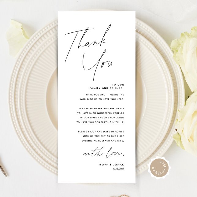 Carte de remerciements de réglage minimaliste du M (Modern Minimalist Wedding Place Setting Thank You Card, Dinner Plate Decor, Online Editable)