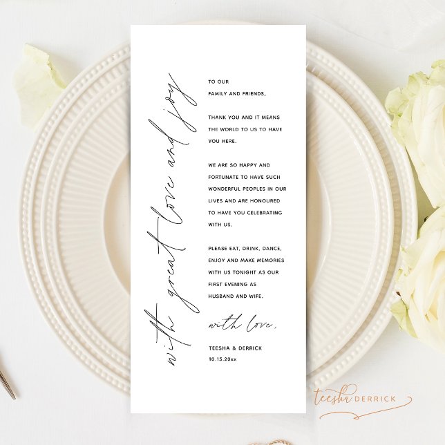 Carte de remerciements de réglage minimaliste du M (With Great and Joy, Minimalist Modern Minimal Wedding Dinner Place Setting Thank You Card)
