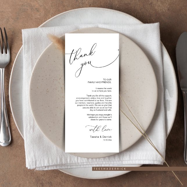 Carte de remerciements de réglage minimaliste du M (Wedding Place Setting Thank You Card. in Modern Wedding Dinner Or Brunch, Romantic Script Design)
